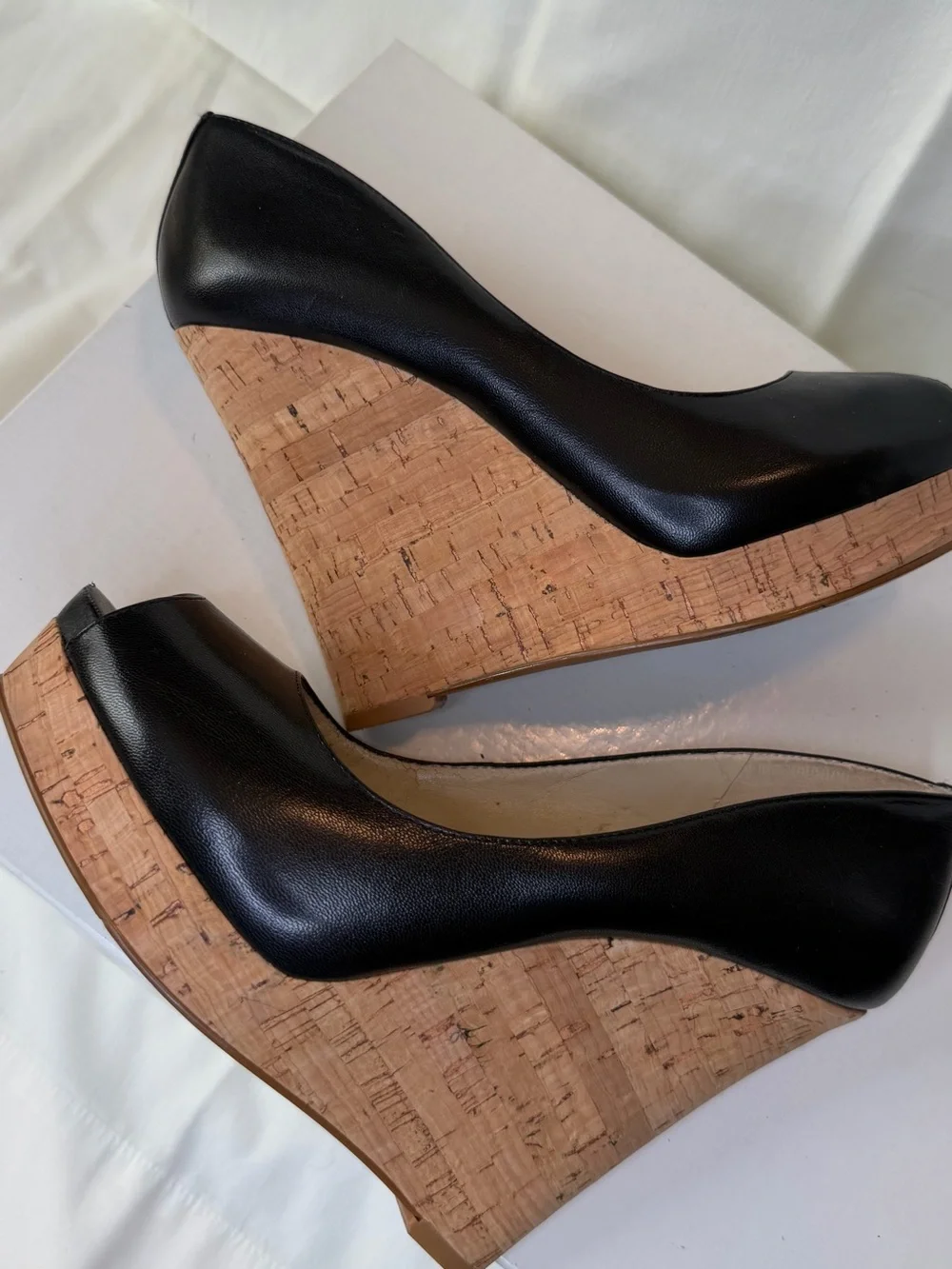 Nine West Black Peep-Toe Platform Wedges with Cork Trim